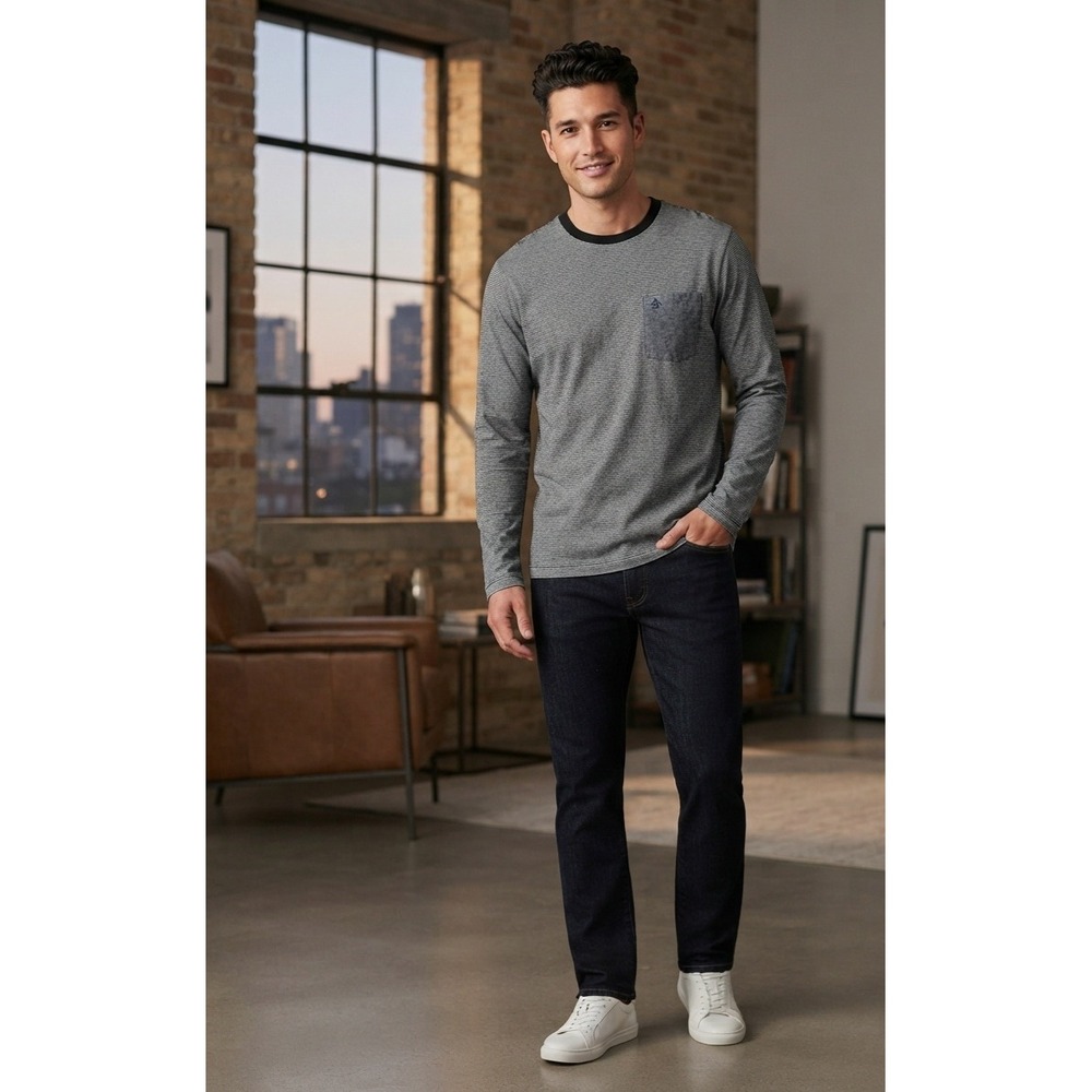 Original Penguin Mens Small Long Sleeve Striped Pocket T-Shirt Navy Blue Cotton
